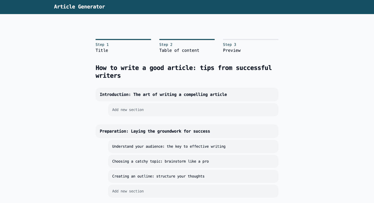 Generated table of content