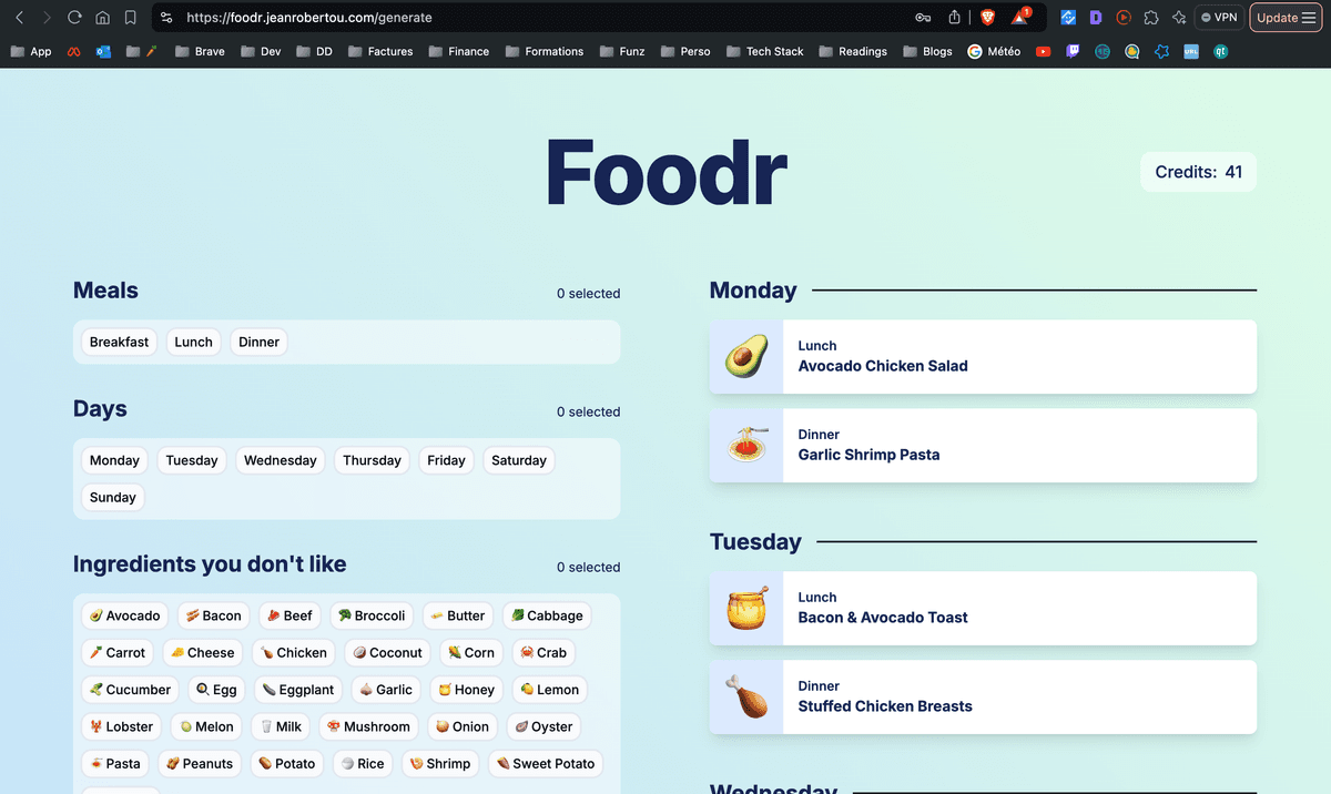 Weekly meal plan page